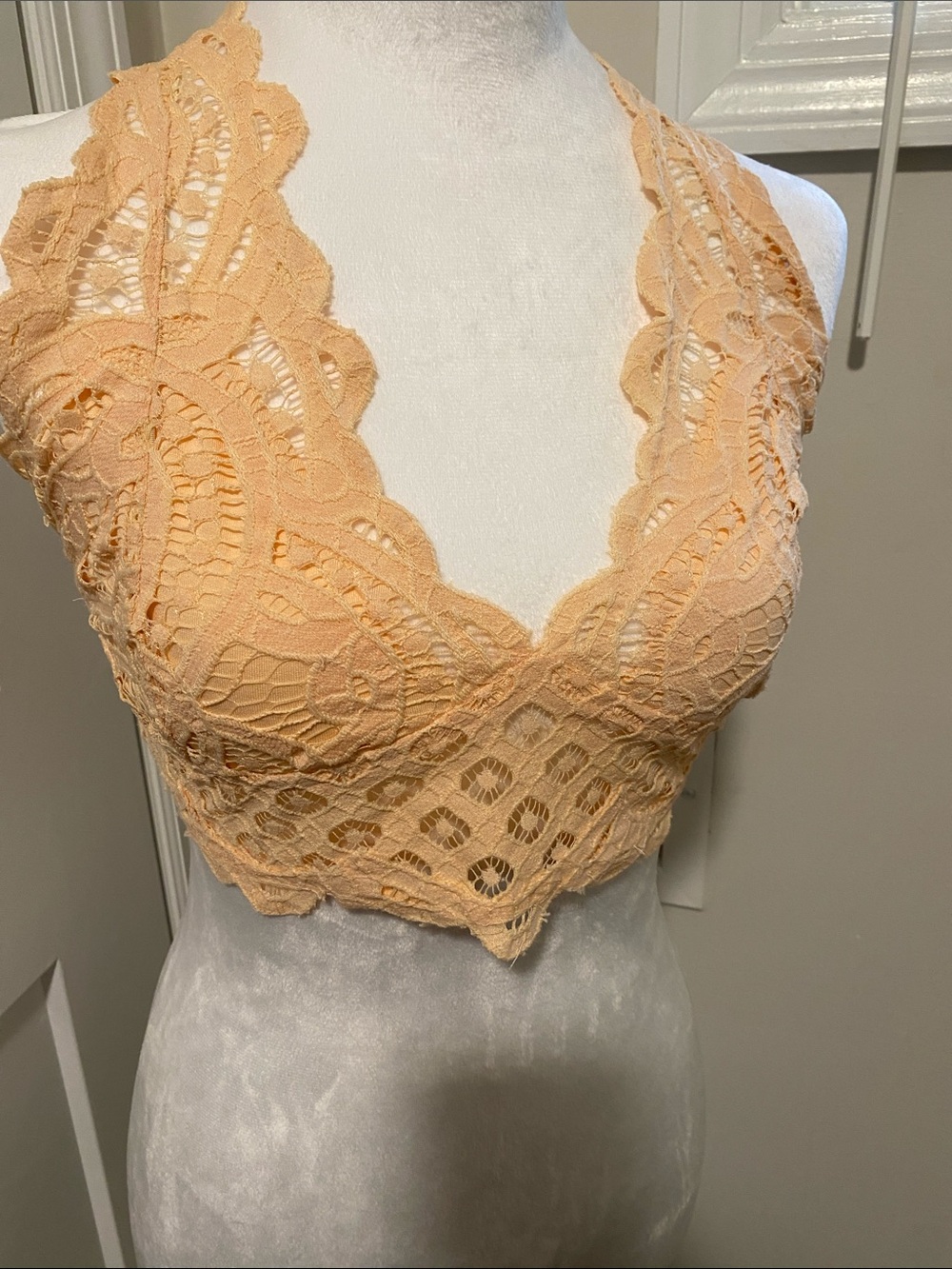 free People One Delicate Lace Halter Bralette in Soft Peach